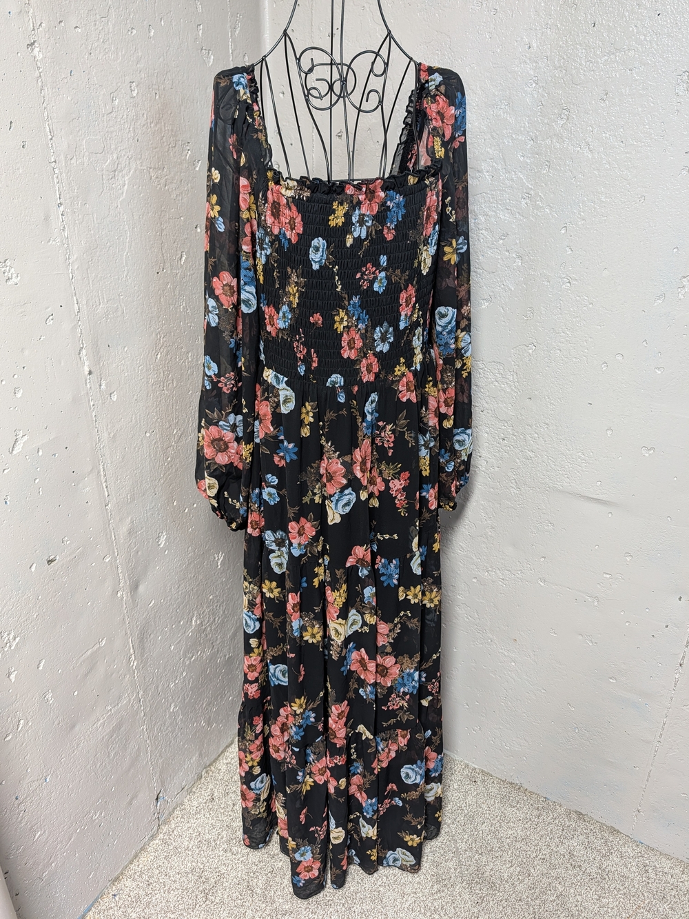 Baltic Born Black Moody Floral / Dark Botanical  Smocked Maxi Dress